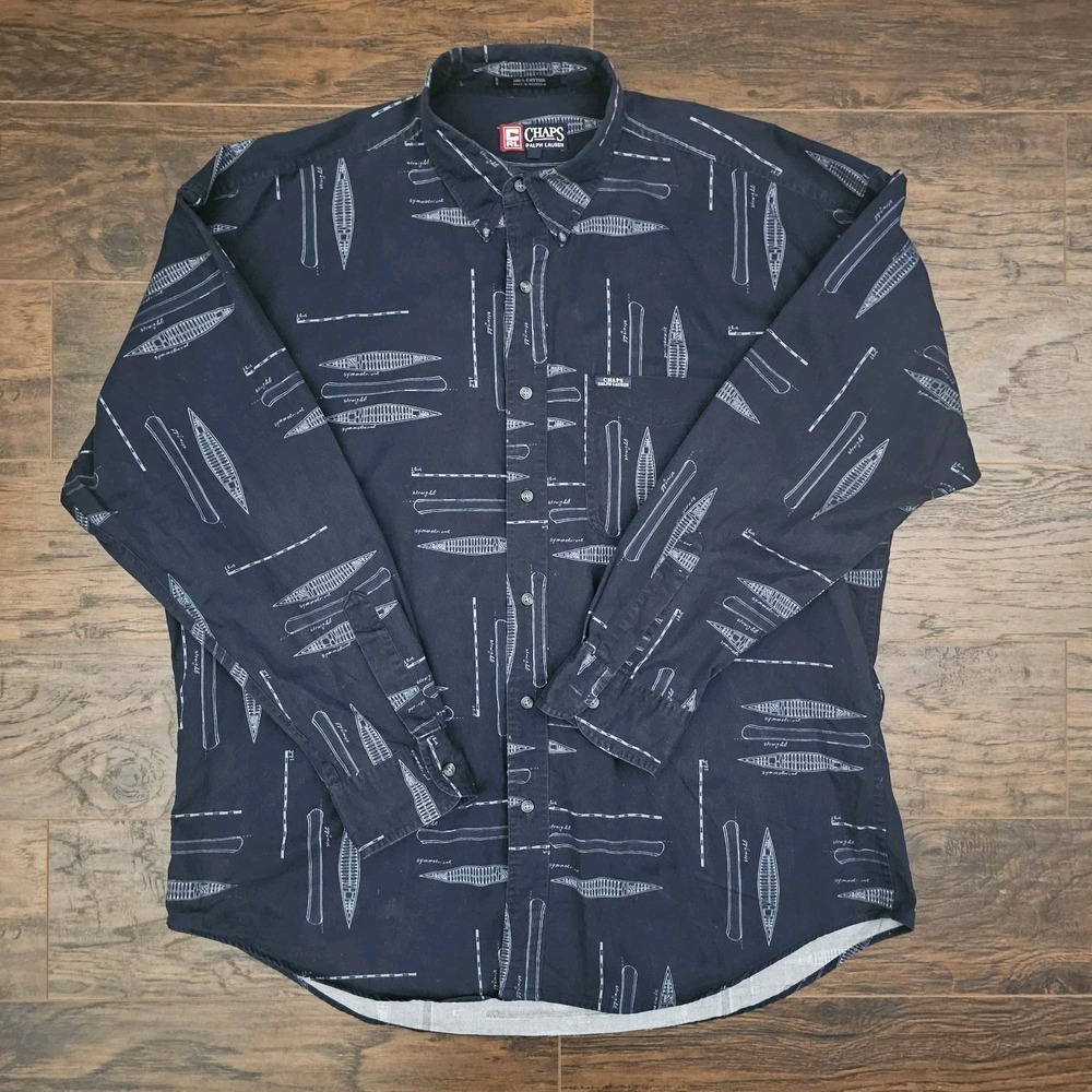 Chaps Ralph Lauren Mens XL Blue Nautical Boat‎ Sailboat Blueprint Hull Button up